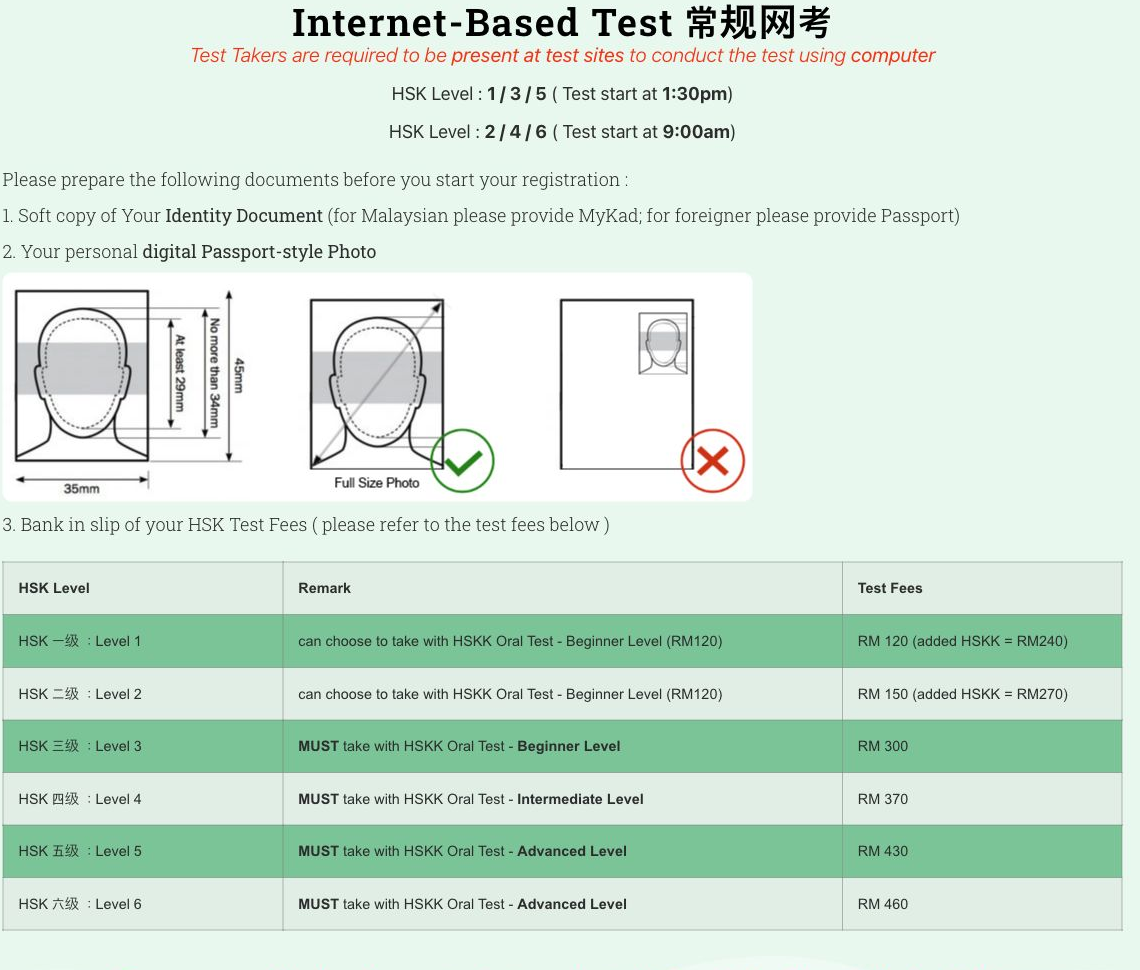 Malaysia HSK Test’s published fees and registration requirements