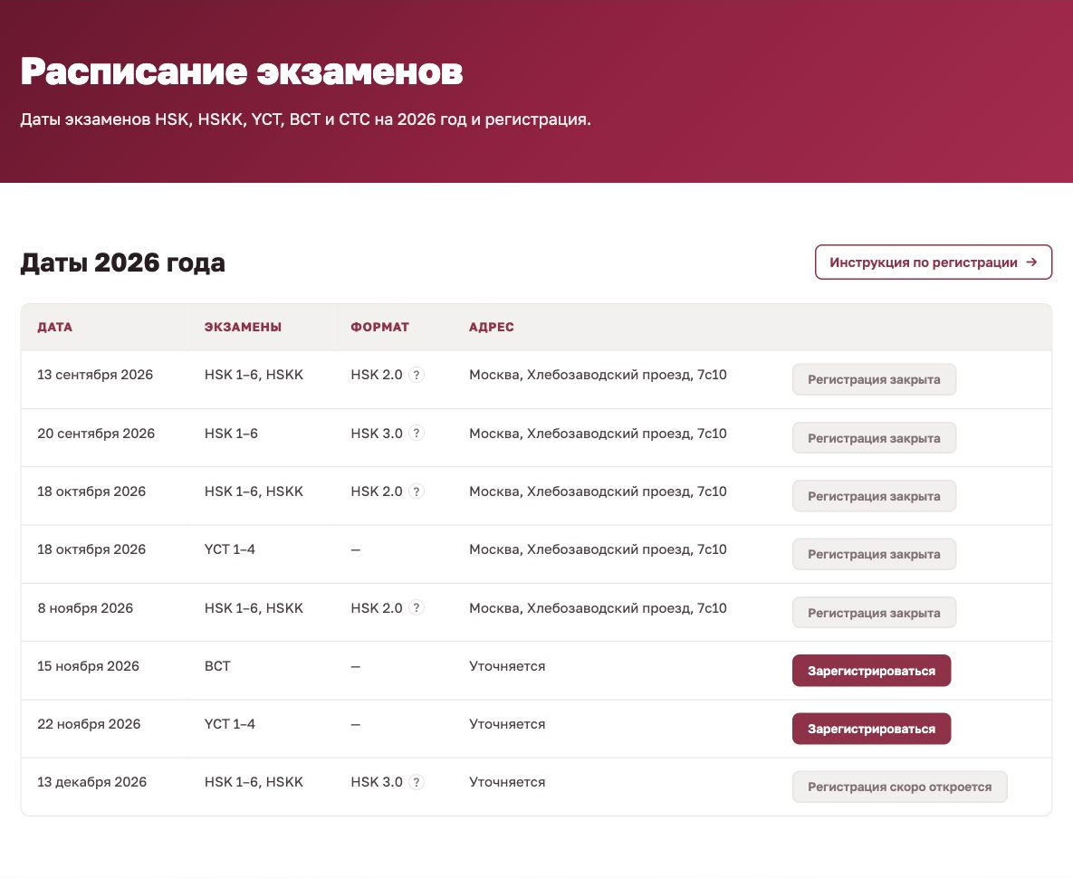 Расписание экзаменов центра «Хуамин», включая ноябрь и декабрь 2026 года